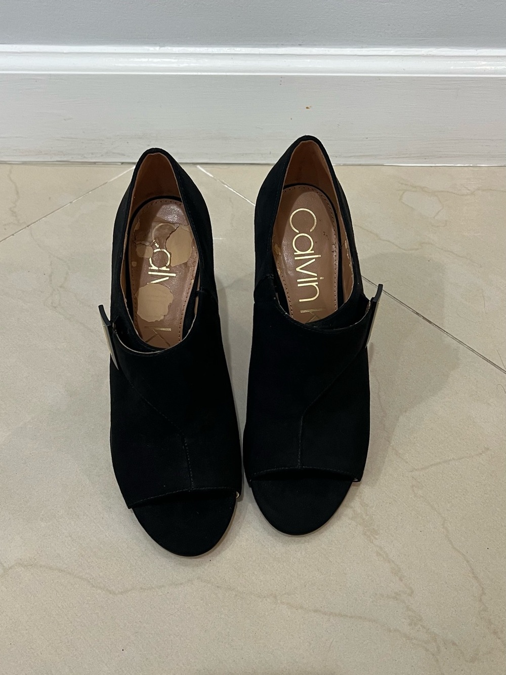Calvin Klein Black Suede Peep-Toe Wrap Heels